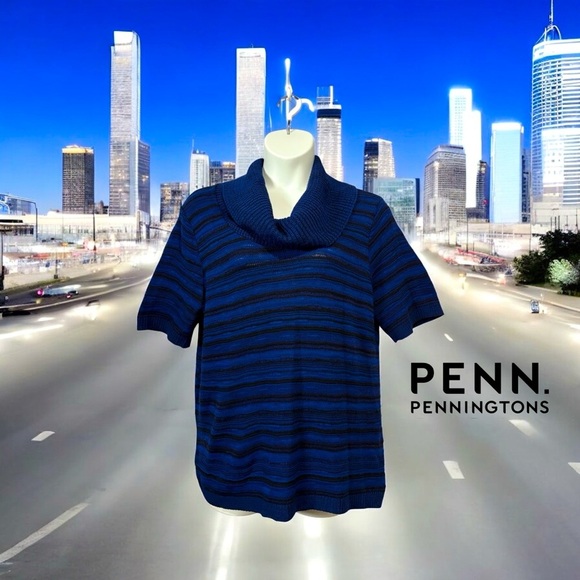 NWOT, Penningtons, Striped Cowl Neck Short Sleeve Sweater, 1X, Blue, Black - Picture 3 of 9
